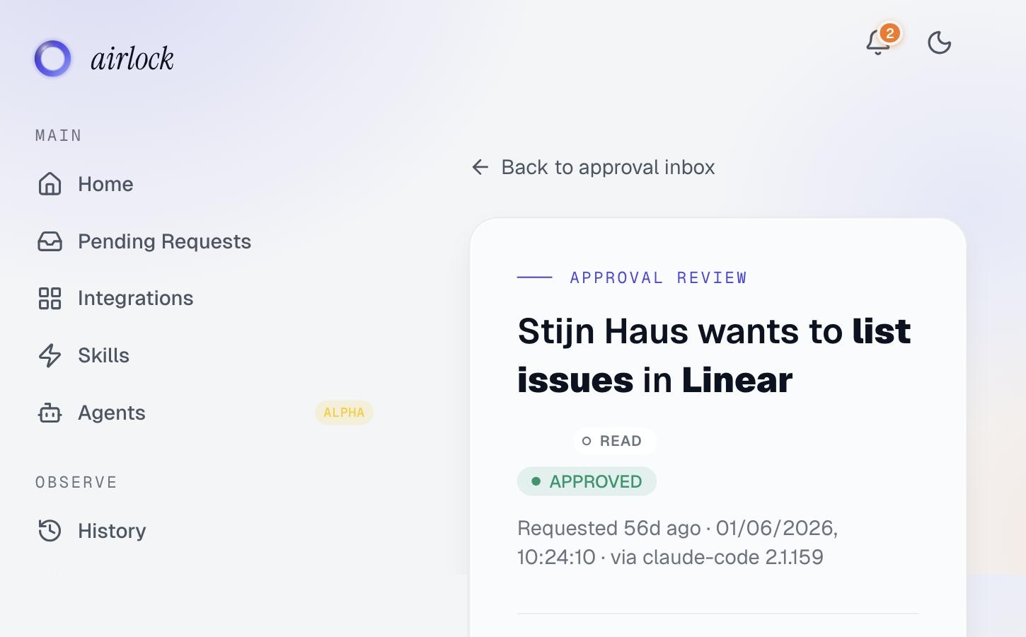 A resolved approval request in airlock's Control Room: a request to list issues in Linear, held for human sign-off, with the full call path and payload — the same request an MCP Apps-capable host renders as an inline approval card
