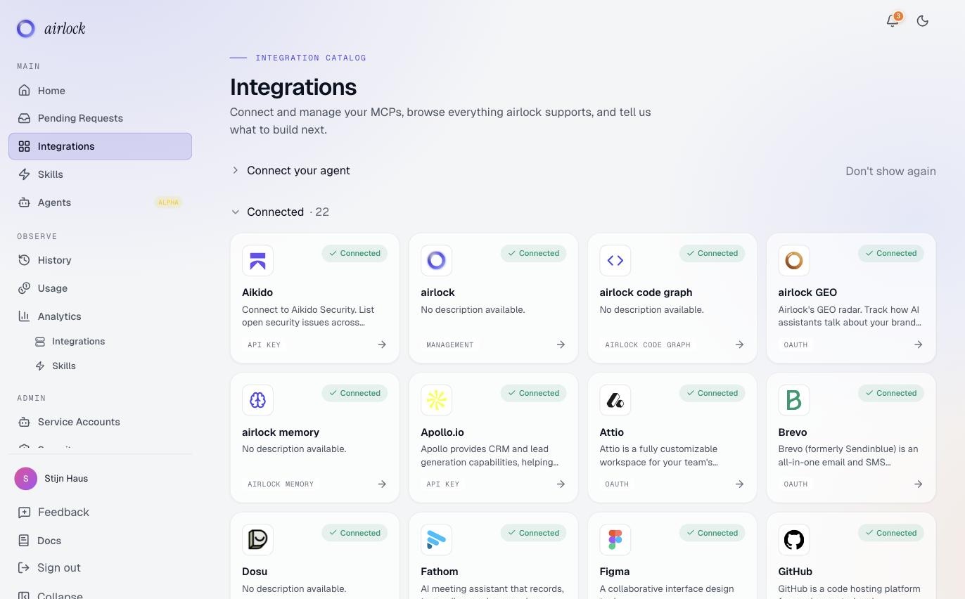 The airlock Integrations catalog: 22 MCP connections, GitHub, Linear, Slack, Vercel and more, all connected behind one org-wide endpoint
